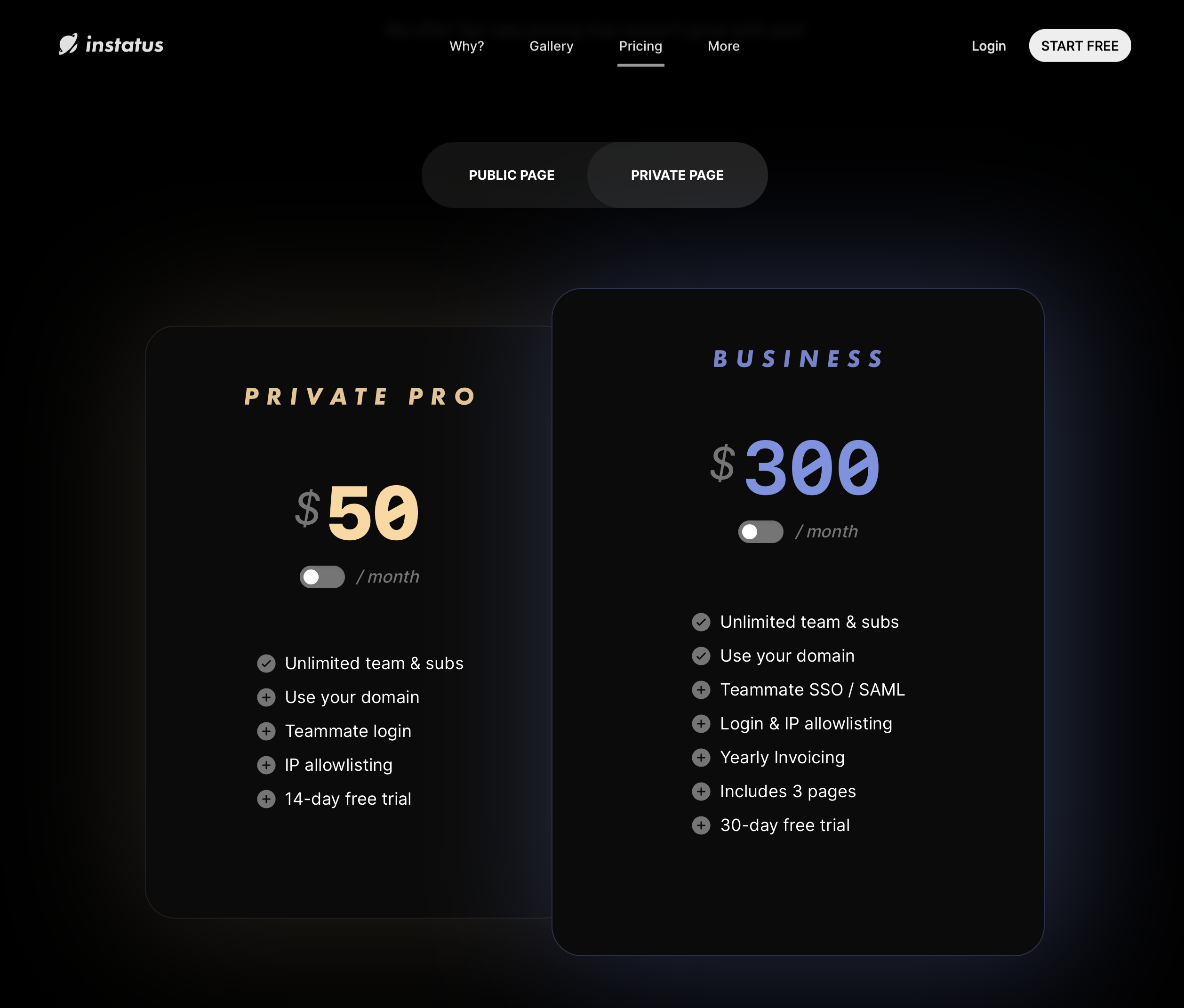 Instatus private page pricing