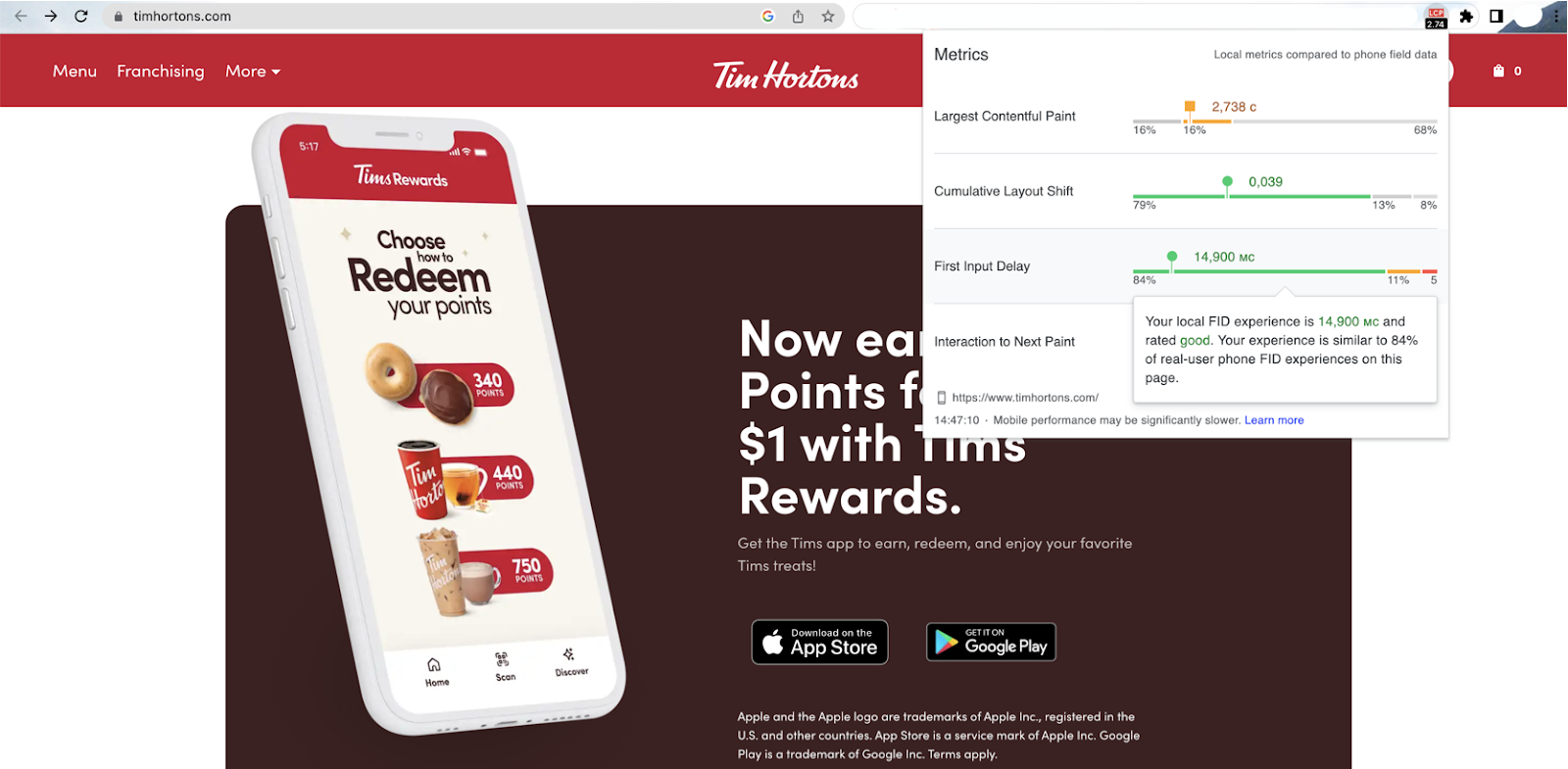 web-vitals-chrome-extension-report-example-tim-hortons-site