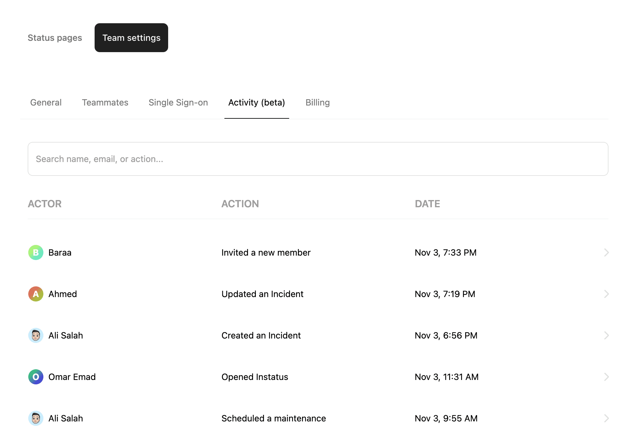 Admin activity log